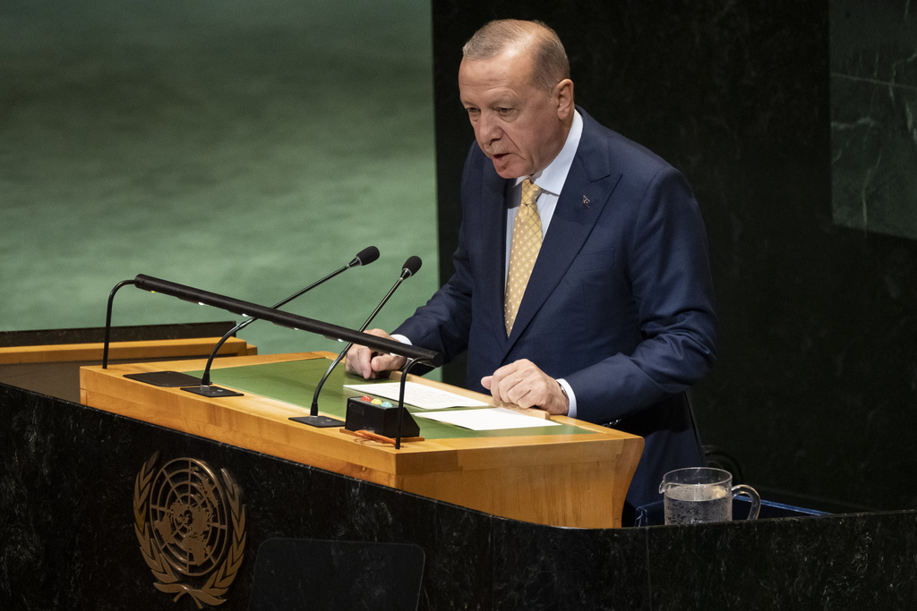 Turkey's President Recep Tayyip Erdogan speaks during a high-profile meeting at the United Nations aimed at galvanizing support for a two-state solution to the Israeli-Palestinian conflict, Monday, Sept. 22, 2025, at U.N. headquarters. (AP Photo/Yuki Iwamura)