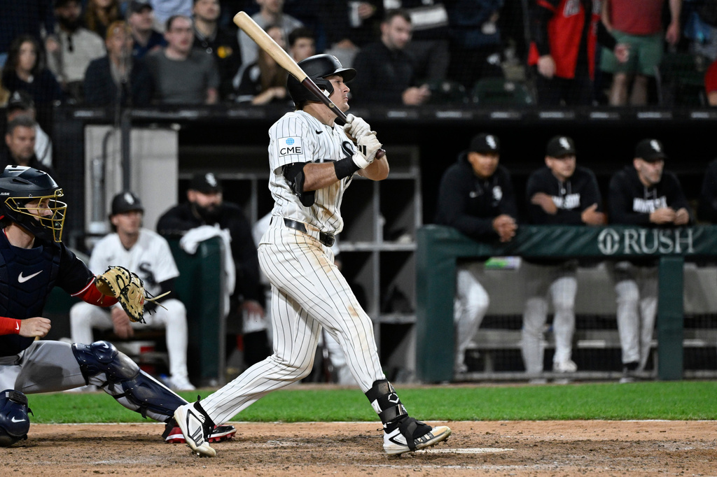 Chicago White Sox's Sam Antonacci watches his two-run single during the ninth inning of a baseball game against the Cleveland Guardians, Monday, June 22, 2026, in Chicago. (AP Photo/Matt Marton)