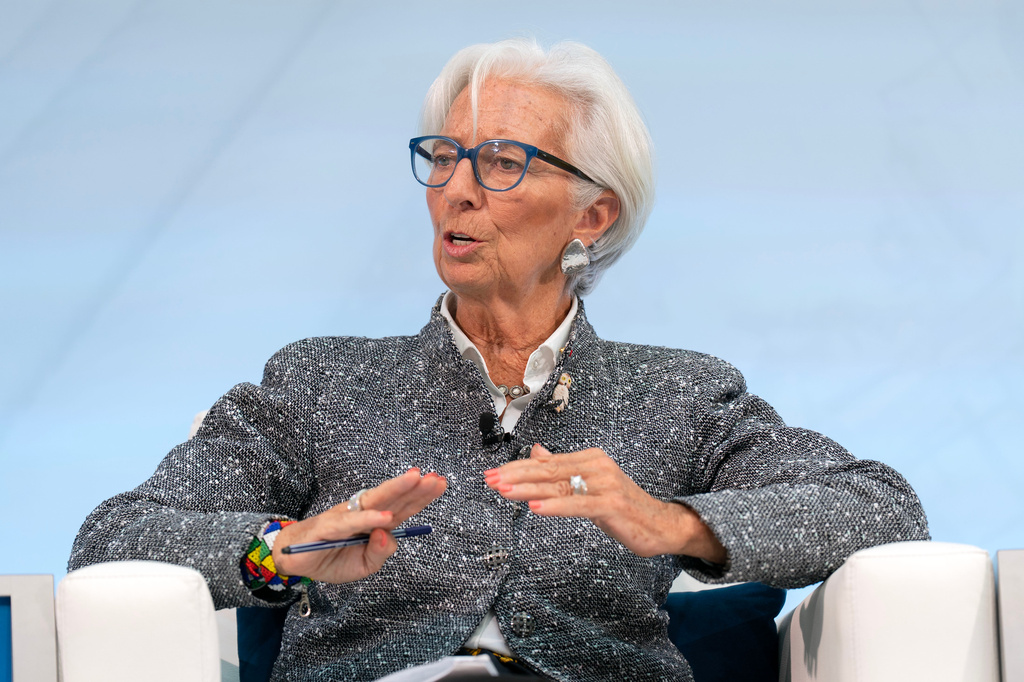 FILE - European Central Bank President Christine Lagarde speaks at Debate on the Global Economy conference during the World Bank/IMF Annual Meetings at the International Monetary Fund (IMF) headquarters in Washington, Oct. 16, 2025. (AP Photo/Jose Luis Magana, File)