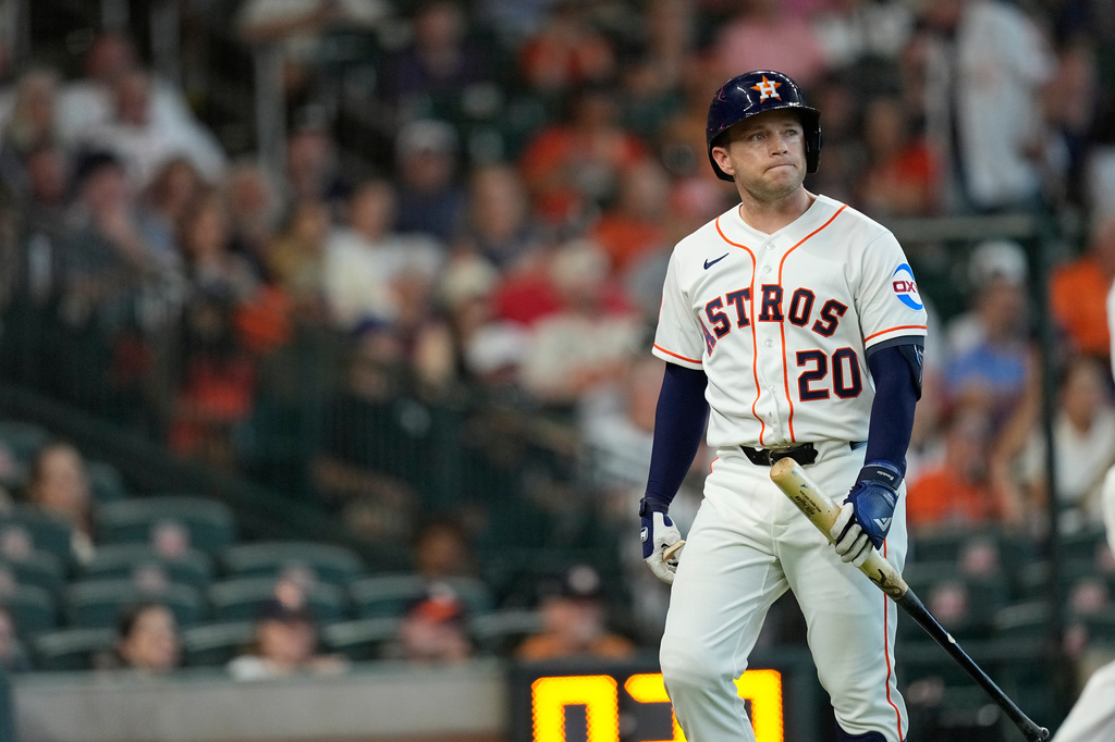 Houston Astros' Nick Allen walks back to the dugout after striking out against the Los Angeles Angels during the ninth inning of an opening-day baseball game Thursday, March 26, 2026, in Houston. (AP Photo/David J. Phillip)