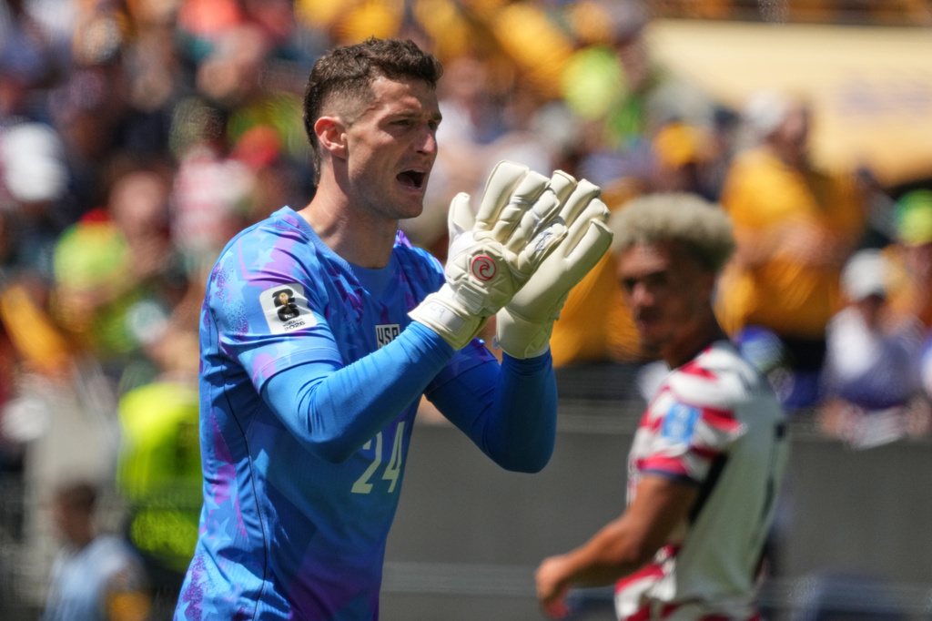 United States goalkeeper Matt Freese (24) reacts during the World Cup Group D soccer match between the United States and Australia in Seattle, Friday, June 19, 2026. (AP Photo/Ted S. Warren)