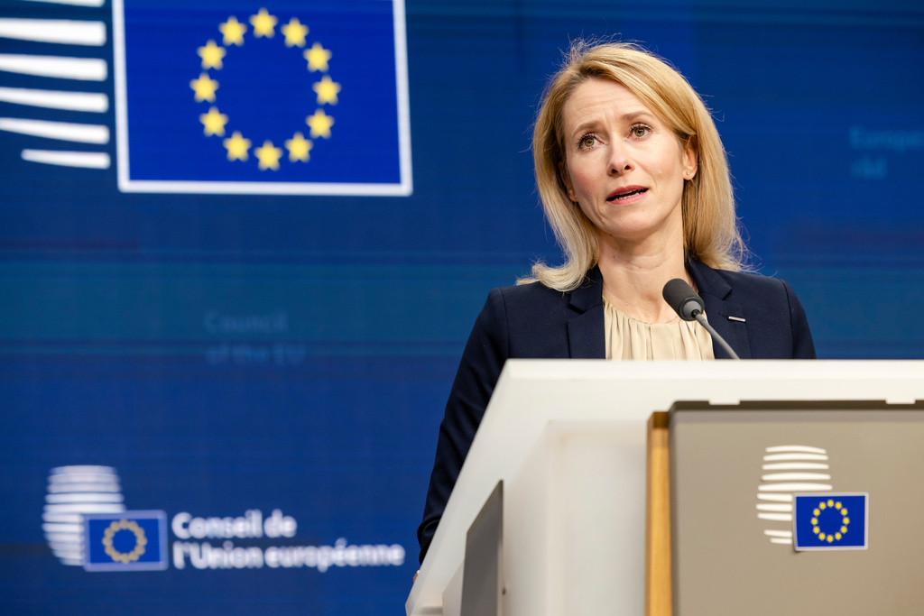 European Union foreign policy chief Kaja Kallas addresses the media after an EU general affairs meeting at the European Council building in Brussels, Thursday, Nov. 20, 2025. (AP Photo/Geert Vanden Wijngaert)
