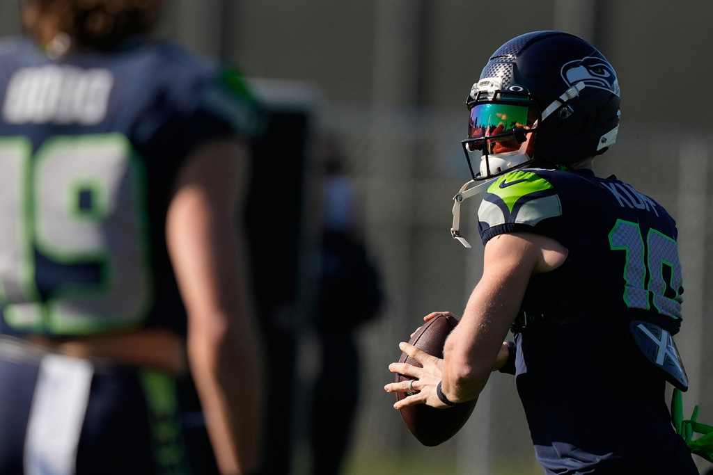 Seattle Seahawks wide receiver Cooper Kupp (10) runs drills during an NFL Super Bowl football practice on Wednesday, Feb. 4, 2026, in San Jose, Calif., ahead of Super Bowl 60 between the New England Patriots and the Seattle Seahawks. (AP Photo/Brynn Anderson)