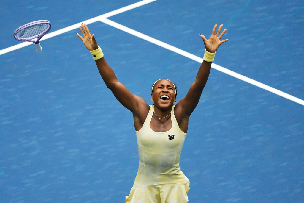 Coco Gauff, of the United States, celebrates winning a match against Mirra Andreeva, of Russia, during the quarterfinal round of the U.S. Open tennis championships, Wednesday, Sept. 9, 2026, in New York. (AP Photo/Seth Wenig)