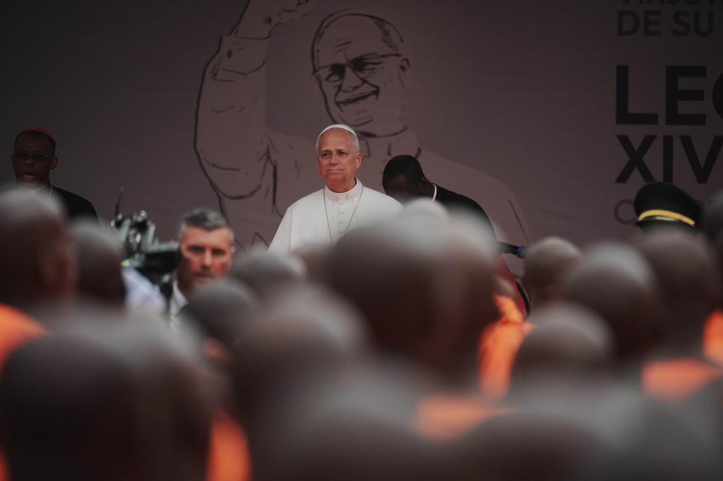 Pope Leo XIV visits the Bata Prison, Equatorial Guinea, Wednesday, April 22, 2026. (AP Photo/Andrew Medichini)