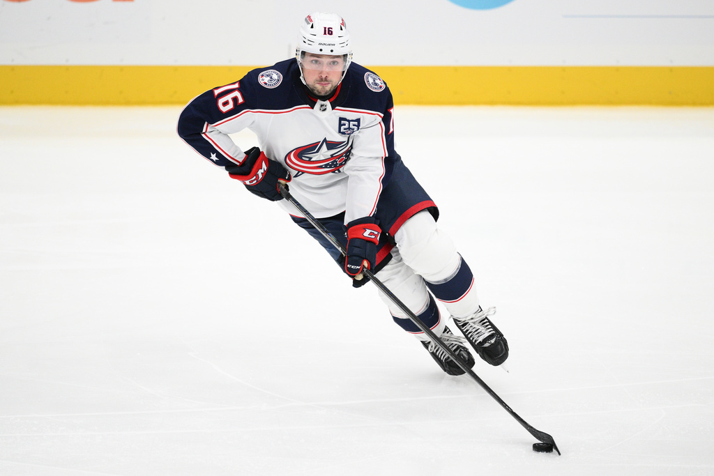 Columbus Blue Jackets center Brendan Gaunce (16) in action during the third period of an NHL hockey game against the Washington Capitals, Monday, Nov. 24, 2025, in Washington. (AP Photo/Nick Wass)