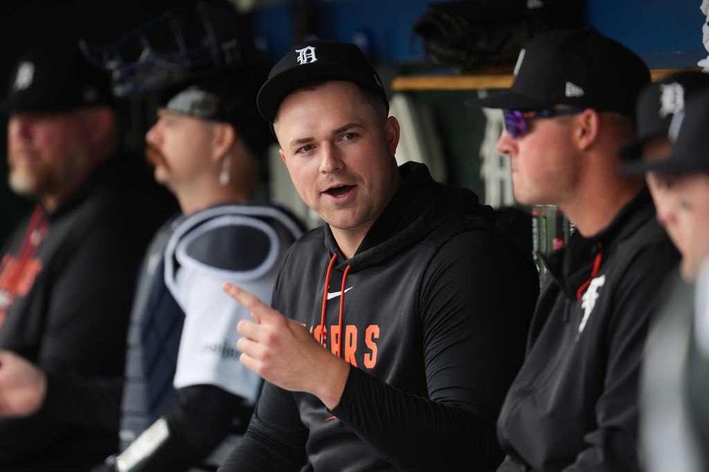 Detroit Tigers pitcher Tarik Skubal watches from the dugout against the Cleveland Guardians during the first inning of a baseball game Wednesday, May 20, 2026, in Detroit. (AP Photo/Paul Sancya)