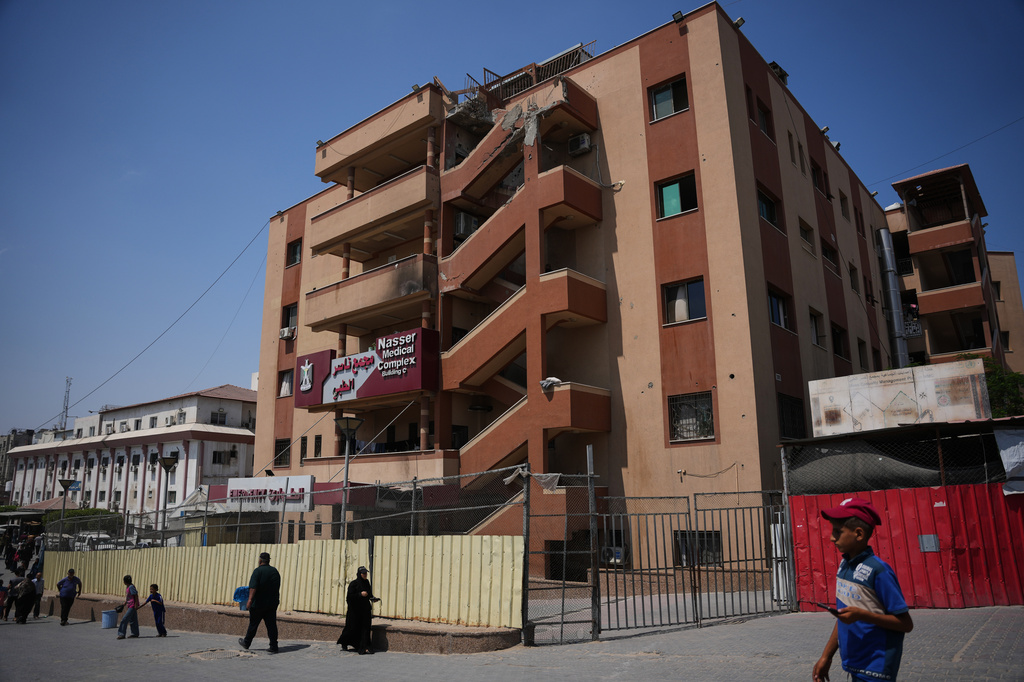 The Nasser Hospital building, which was hit by an Israeli strike on Aug. 25, 2025, killing journalists Mariam Dagga and Hussam al-Masri, among others, is seen in Khan Younis, Gaza Strip, Aug. 16, 2026. (AP Photo/Abdel Kareem Hana)
