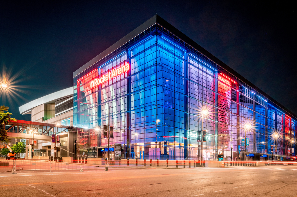 This undated image provided by Redfin shows the exterior of Rocket Arena, home of the NBA basketball team the Cleveland Cavaliers, at night in Cleveland, Ohio. (Cleveland Cavaliers/Redfin via AP)