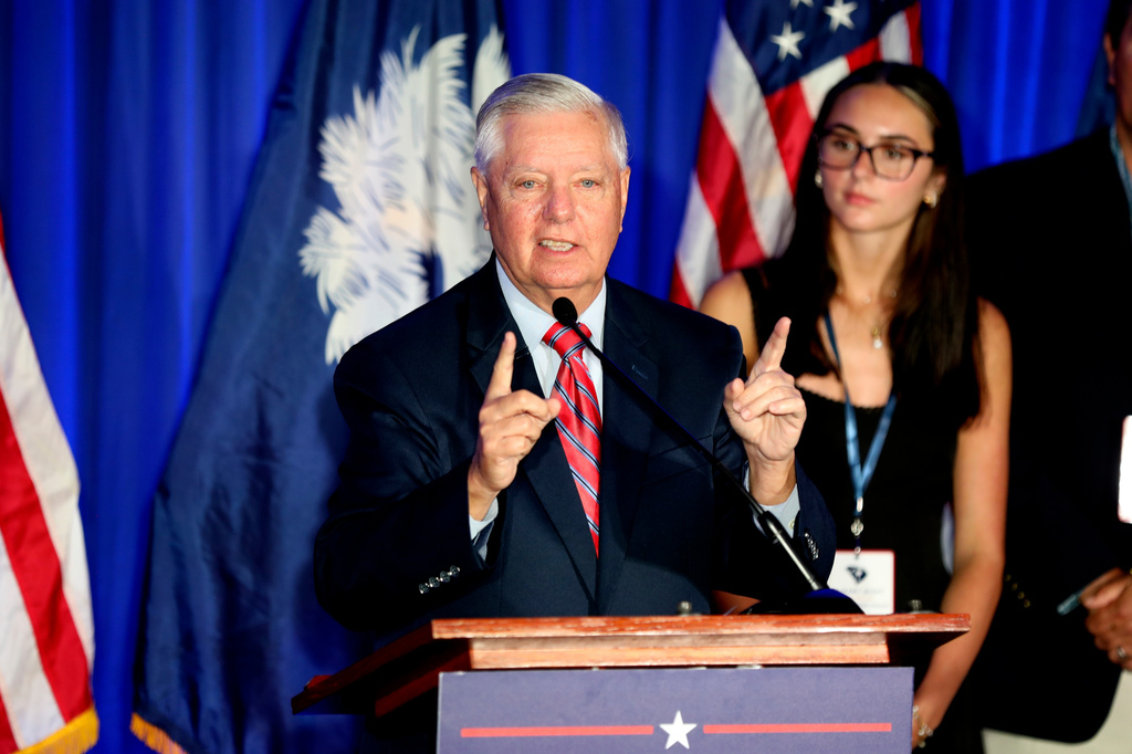 FILE - Republican U.S. Sen. Lindsey Graham speaks after winning the Republican primary on June 9, 2026, in Columbia, S.C. (AP Photo/Jeffrey Collins, File)