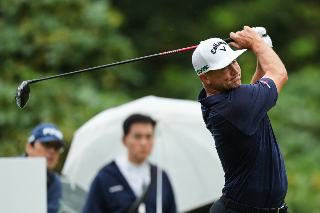 Alex Noren, of Sweden, tees off on the second hole during the third round of the Baycurrent Classic golf tournament at the Yokohama Country Club in Yokohama, near Tokyo, Saturday, Oct. 11, 2025. (AP Photo/Hiro Komae)
