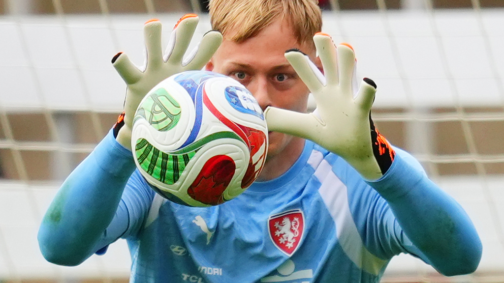 Czechia's goalkeeper Lukas Hornicek works out during a public training session, Saturday, June 6, 2026, in Mansfield, Texas, ahead of the World Cup soccer tournament. (AP Photo/Julio Cortez)