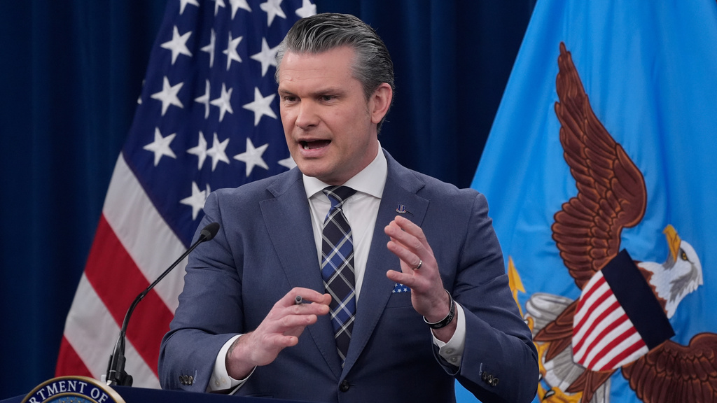 Defense Secretary Pete Hegseth speaks to members of the media during a press briefing at the Pentagon in Washington, Thursday, March 19, 2026. (AP Photo/Manuel Balce Ceneta)