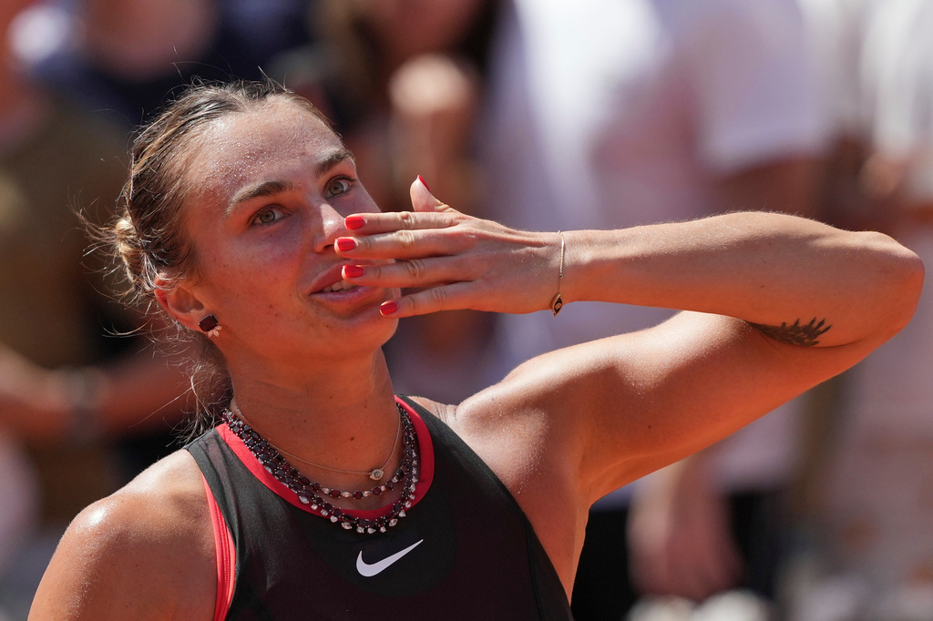 Aryna Sabalenka of Belarus celebrates winning the third round women's singles tennis match against Daria Kasatkina of Australia at the French Open tennis tournament in Paris, Saturday, May 30, 2026. (AP Photo/Thibault Camus)
