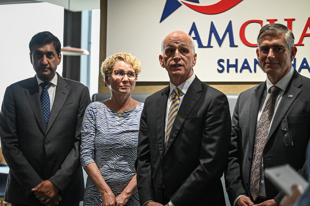 US Representative Adam Smith, second right, stands next to Democratic member of House Armed Services Committee Ro Khanna, left, Democratic member of House Armed Services Committee Chrissy Houlahan, second left and Republican member of House Foreign Affairs Committee Michael Baumgartner, right, during a press conference at the American Chamber of Commerce (AmCham) in Shanghai, China, Thursday, Sept.25, 2025. (Jade Gao/Pool Photo via AP)