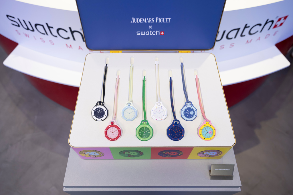 The new Royal Pop watches by Swatch and Audemars Piguet, at the Swatch Drive-Thru Store next to Swatch headquarters in Biel/Bienne, Switzerland, Saturday, May 16, 2026. (Anthony Anex/Keystone via AP)