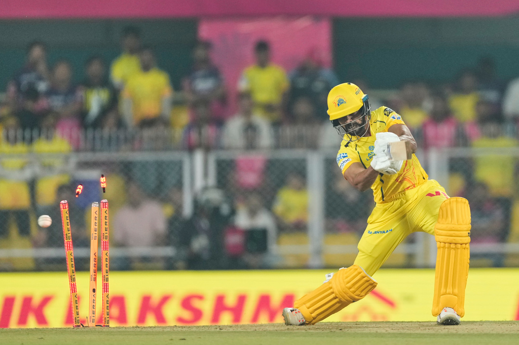 Chennai Super Kings' captain Ruturaj Gaikwad is bowled out during the Indian Premier League cricket match between Chennai Super Kings and Rajasthan Royals in Guwahati, India, Monday, March 30, 2026. (AP Photo/Anupam Nath)