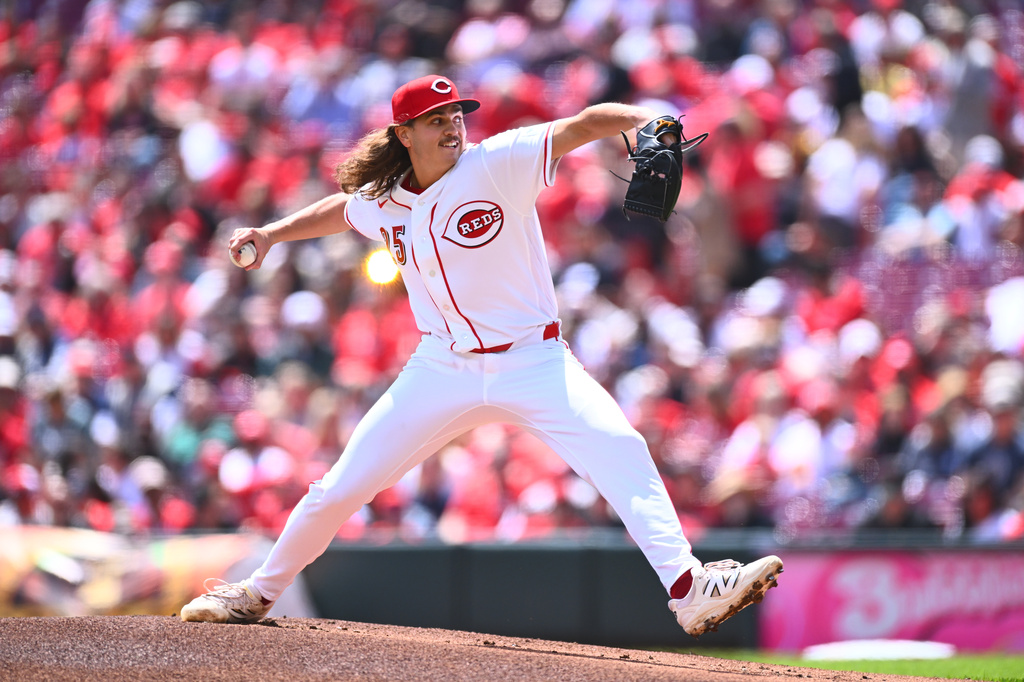 Cincinnati Reds pitcher Rhett Lowder throws during the first inning of a baseball game against the Detroit Tigers in Cincinnati, Sunday, April 26, 2026. (AP Photo/Ben Jackson)