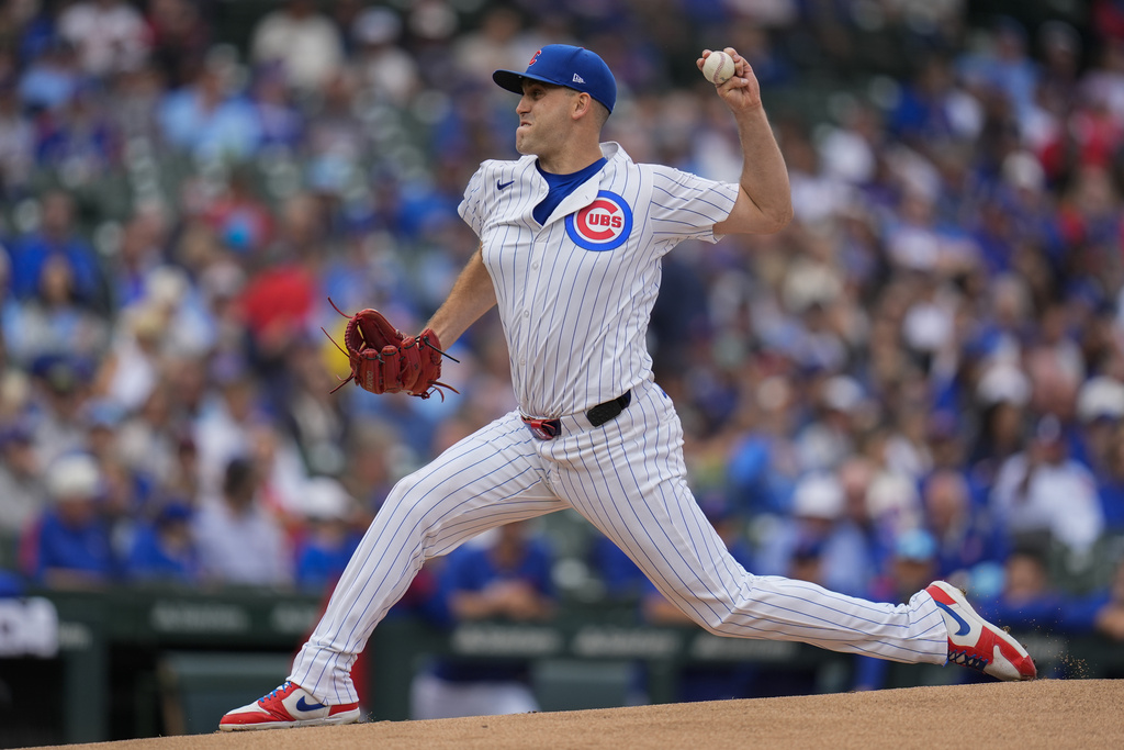 Chicago Cubs starting pitcher Matthew Boyd throws against the Washington Nationals during the first inning of a baseball game Saturday, Sept. 6, 2025, in Chicago. (AP Photo/Erin Hooley)