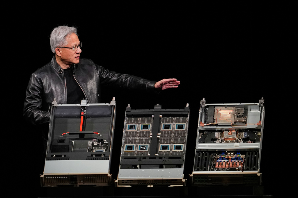Nvidia CEO Jensen Huang speaks during an Nvidia conference focusing on artificial intelligence in San Jose, Calif., Monday, March 16, 2026. (AP Photo/Godofredo A. Vásquez)