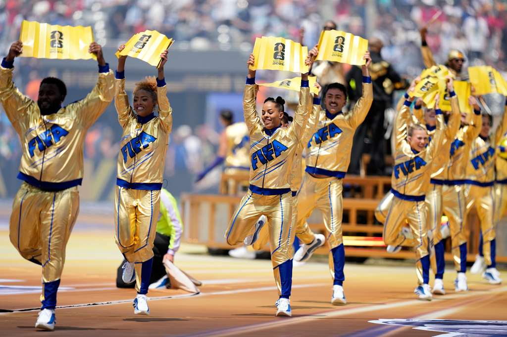 Dancers perform during the tournament closing ceremony before the World Cup final soccer match between Spain and Argentina in East Rutherford, N.J., near New York, Sunday, July 19, 2026. (AP Photo/Ashley Landis)