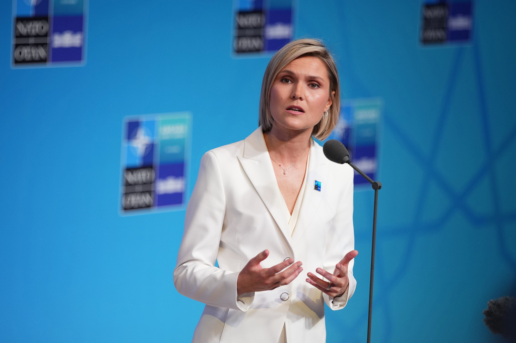 Iceland's Prime Minister Kristrun Frostadottir speaks as she arrives for the NATO summit in Ankara, Turkey, Wednesday, July 8, 2026. (AP Photo/Emrah Gurel)