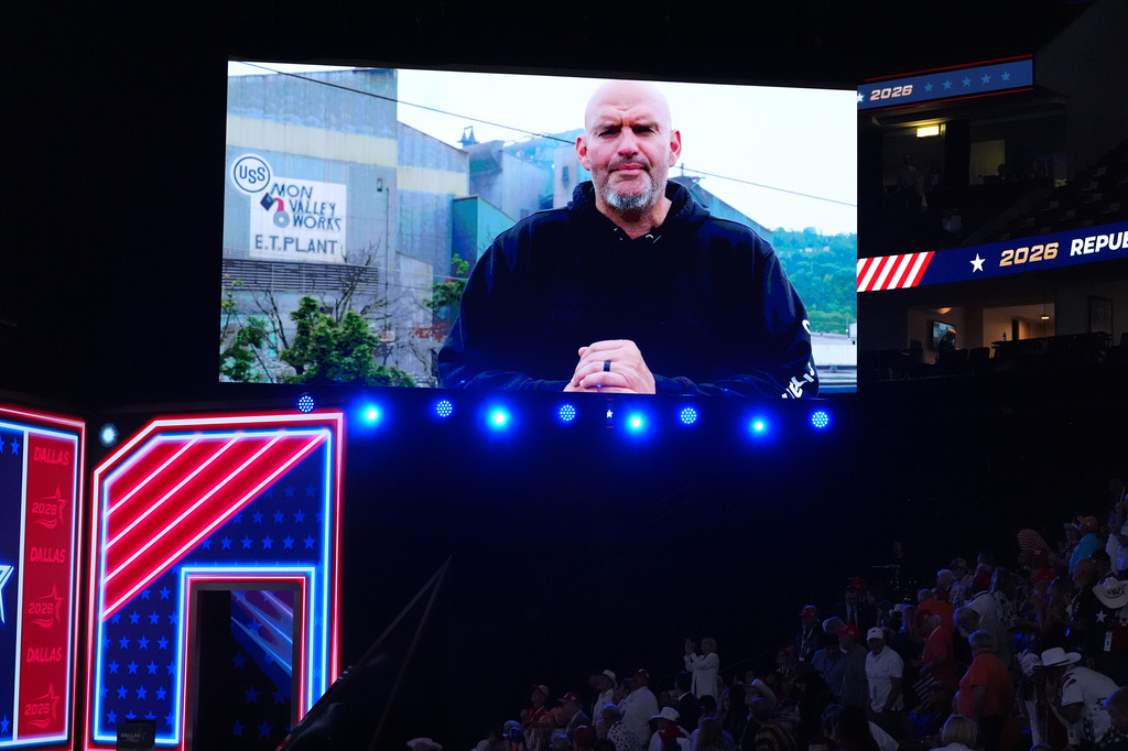 A video featuring Sen. John Fetterman, D-Pa., plays at the Republican convention Wednesday, Sept. 9, 2026, in Dallas. (AP Photo/Alex Brandon)