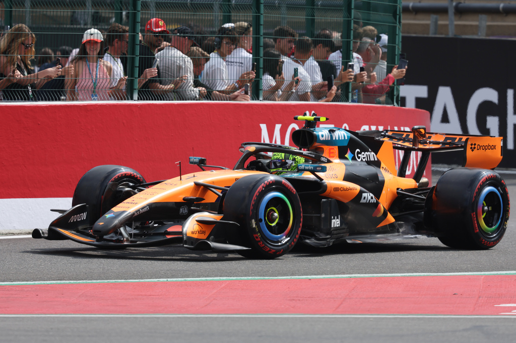 McLaren driver Lando Norris of Britain steers his car during qualification ahead of the Formula One Grand Prix at the Spa-Francorchamps racetrack in Spa, Belgium, Saturday, July 18, 2026. (AP Photo/Omar Havana)