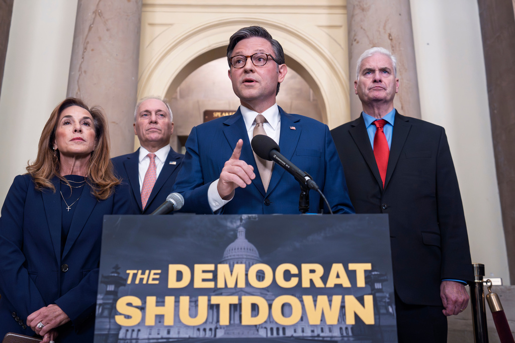 Speaker of the House Mike Johnson, R-La., and GOP leaders, from left, Rep. Lisa McClain, R-Mich., Majority Leader Steve Scalise, R-La., and Majority Whip Tom Emmer, R-Minn., blame the government shutdown on Democrats during a news conference at the Capitol in Washington, Thursday, Oct. 2, 2025. (AP Photo/J. Scott Applewhite)