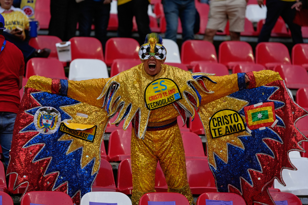 A Colombia supporter reacts ahead of the World Cup Group K soccer match between Uzbekistan and Colombia in Mexico City, Wednesday, June 17, 2026. (AP Photo/Fernando Llano)