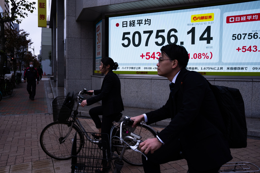Cyclists pass an electronic stock board showing Japan's Nikkei index at a securities firm in Tokyo, Thursday, Nov. 6, 2025. (AP Photo/Louise Delmotte)