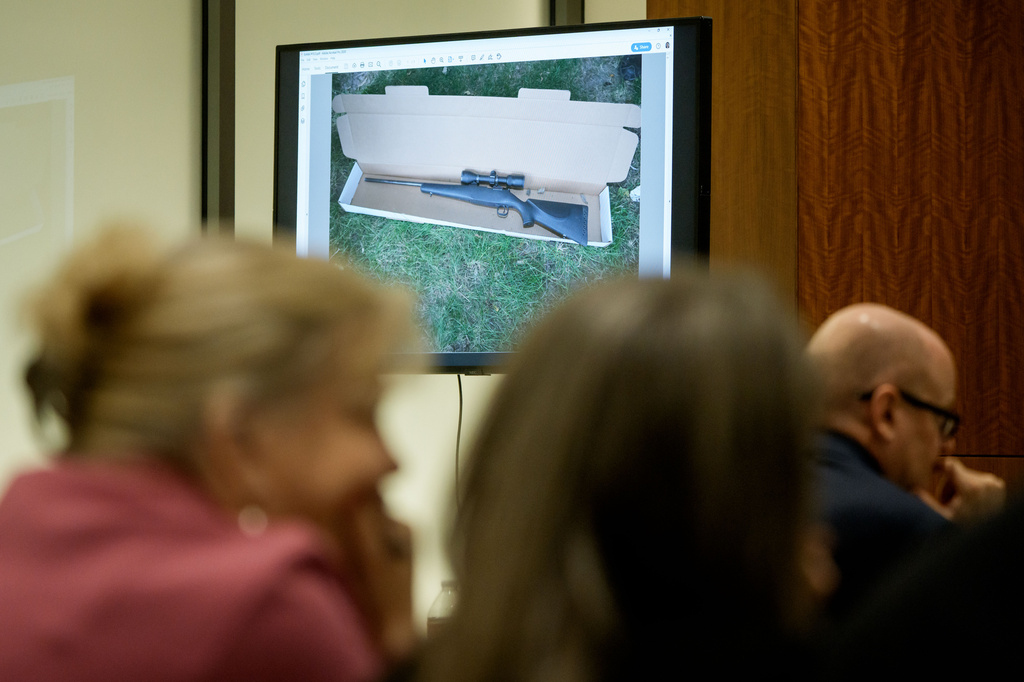 An image of a rifle that prosecutors say was recovered by investigators near Utah Valley University is displayed during a preliminary hearing for Tyler Robinson, who is accused in the fatal shooting of Charlie Kirk, at the Fourth District Courthouse in Provo, Utah, Thursday, July 9, 2026. (AP Photo/Spenser Heaps, Pool)