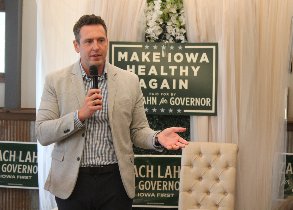 Zach Lahn, Republican candidate for Iowa governor, speaks during a campaign event Thursday, May 28, 2026, in Newton, Iowa. (Erin Murphy/The Gazette via AP)