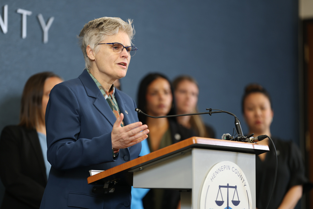 Hennepin County Attorney Mary Moriarty addresses the media at the Hennepin County Government Center in Minneapolis, Monday, July 13, 2026. (Elizabeth Flores/Minnesota Star Tribune via AP)