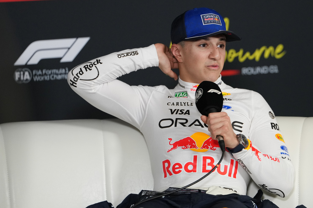 Red Bull driver Isack Hadjar of France speaks at a press conference following his third placed finish in the qualifying session for the Australian Formula One Grand Prix at Albert Park, in Melbourne, Australia, Saturday, March 7, 2026. (AP Photo/Asanka Brendon Ratnayake)