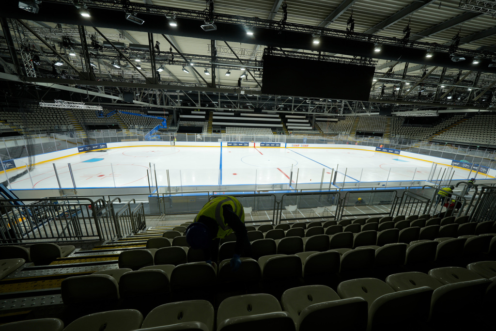 An overview of the Ice Skating Arena where some Ice Hockey matches of the Milan Cortina 2026 Winter Olympics will take place, in Rho, outskirt of Milan, Friday, Dec.5, 2025. (AP Photo/Luca Bruno)