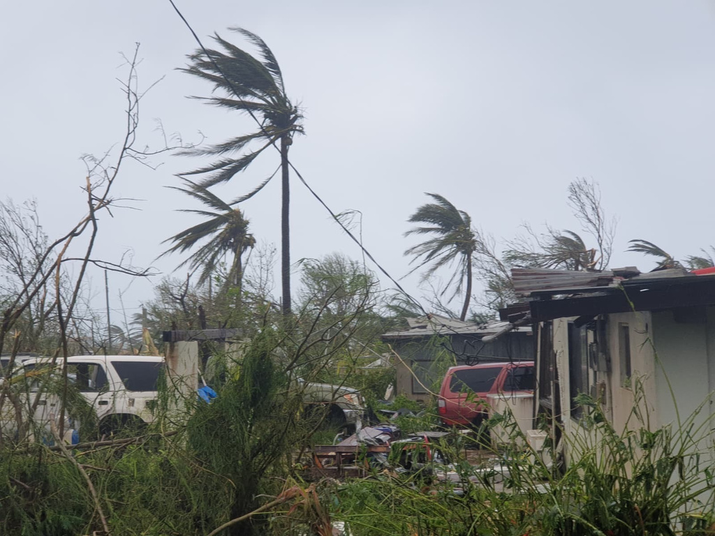 Debris covers the ground in Saipan on Wednesday, April 15, 2026, as a super typhoon with ferocious winds and relentless rains, shredded tin roofs and forced residents to take cover from flying tree limbs. (Office of the Mayor, municipality of Saipan via AP)