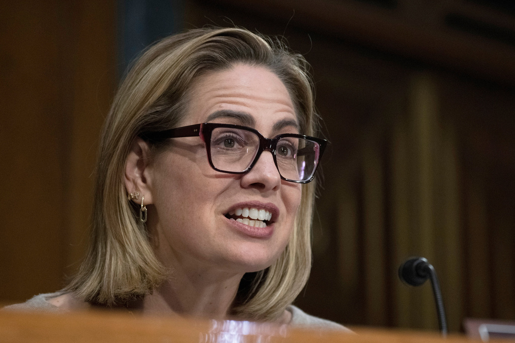 FILE - Sen. Kyrsten Sinema, I-Ariz., questions witnesses during a Senate Banking, Housing and Urban Affairs hearings to examine recent bank failures and the Federal regulatory response on Capitol Hill, Tuesday, March 28, 2023, in Washington. (AP Photo/Manuel Balce Ceneta, File)