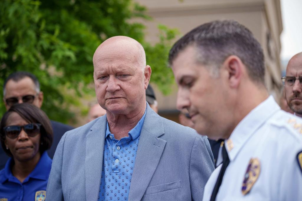 Sid Edwards, mayor-president of Baton Rouge, left, speaks next to Police Chief Thomas S. "TJ" Morse, Jr. after a shooting at the Mall of Louisiana, Thursday, April 23, 2026, in Baton Rouge, La. (AP Photo/Matthew Hinton)