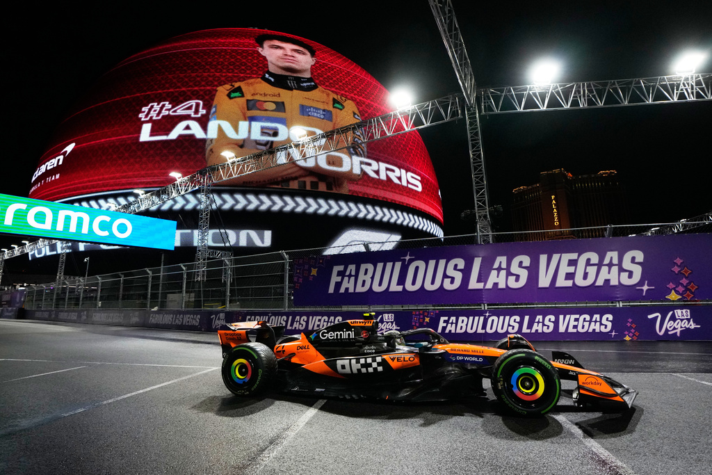 McLaren driver Lando Norris of Great Britain during a qualifying session at the Formula One Las Vegas Grand Prix auto race, Friday, Nov. 21, 2025 in Las Vegas. (AP Photo/John Locher)