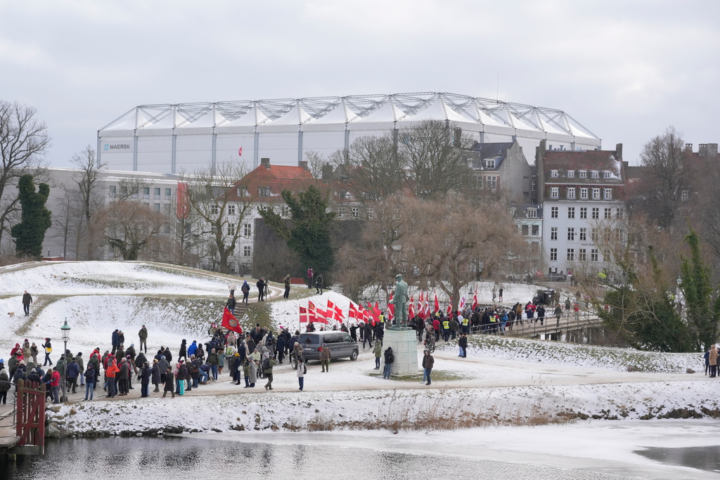 Hundreds of Danish veterans, many of whom fought alongside U.S. troops, stage a silent protest as they march from Kastellet to the American embassy in Copenhagen on Saturday, Jan. 31, 2026. (Emil Helms/Ritzau Scanpix via AP)