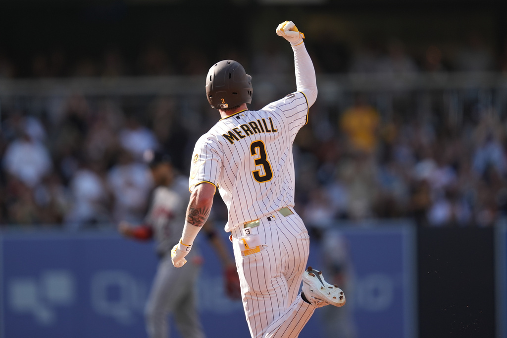 San Diego Padres' Jackson Merrill celebrates after hitting a home run during the third inning of a baseball game against the Houston Astros Saturday, Aug. 8, 2026, in San Diego. (AP Photo/Gregory Bull)