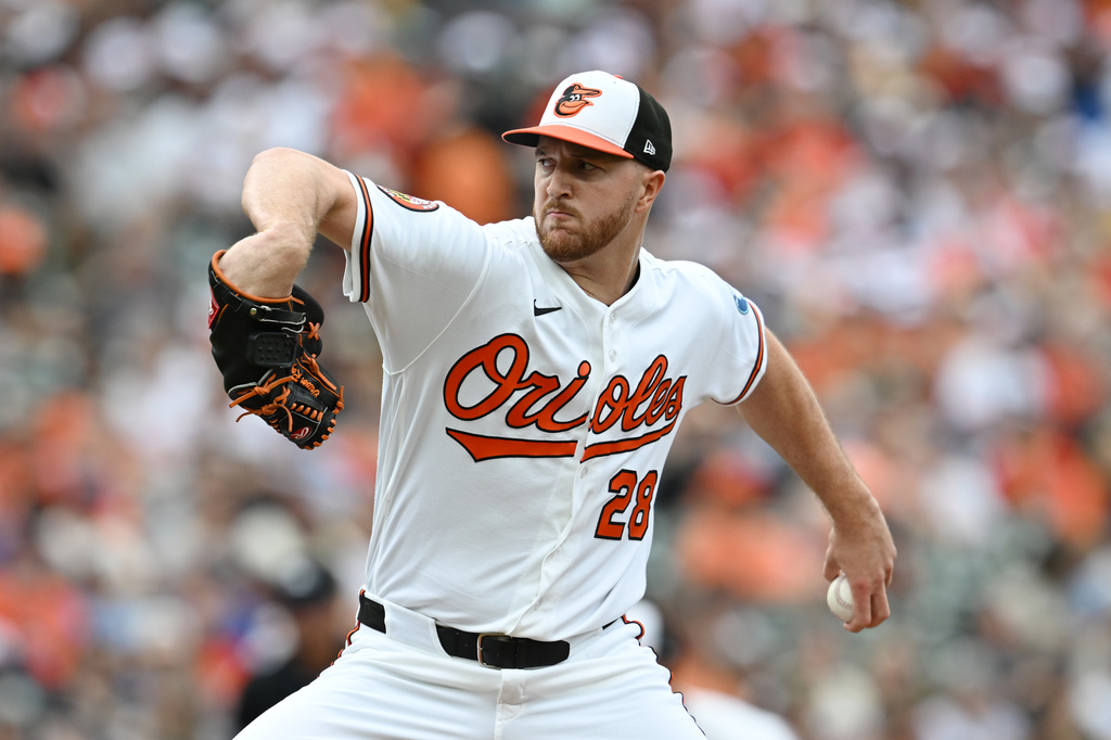 Baltimore Orioles pitcher Trevor Rogers throws a pitch against the Milwaukee Brewers in the first inning of a baseball game on Saturday, Sept. 19, 2026 in Baltimore. (AP Photo/Gail Burton)