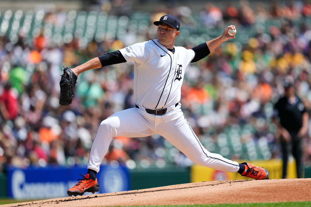 Detroit Tigers pitcher Tarik Skubal throws against the Baltimore Orioles during the first inning of a baseball game Wednesday, July 29, 2026, in Detroit. (AP Photo/Paul Sancya)