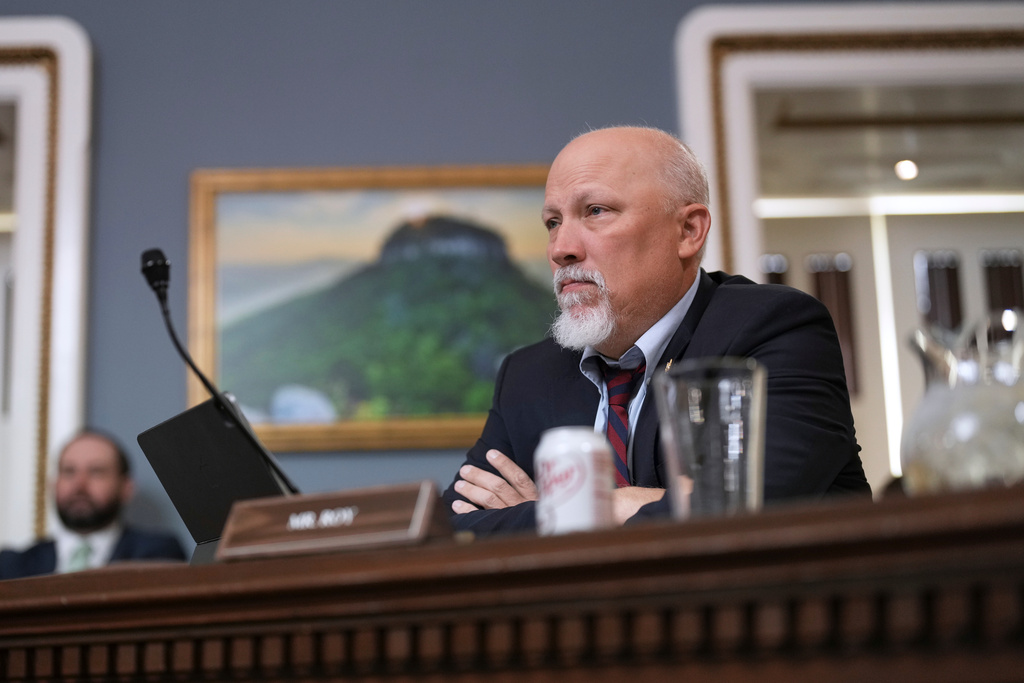 FILE - Rep. Chip Roy, R-Texas, a member of the conservative House Freedom Caucus, listens at the Capitol in Washington, April 9, 2025. (AP Photo/J. Scott Applewhite, File)