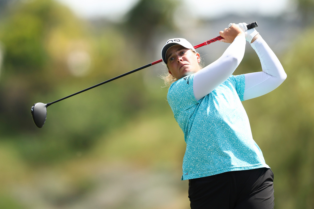 Lauren Coughlin hits from the seventh tee during the first round of the LPGA's JM Eagle LA Championship golf tournament at El Caballero Country Club, Thursday, April 16, 2026, in Los Angeles. (AP Photo/Jessie Alcheh)