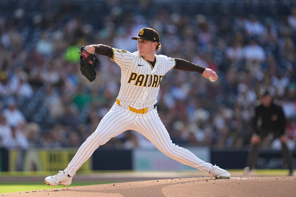San Diego Padres pitcher Jp Sears works against an Atlanta Braves batter during the first inning of a baseball game Wednesday, June 24, 2026, in San Diego. (AP Photo/Gregory Bull)