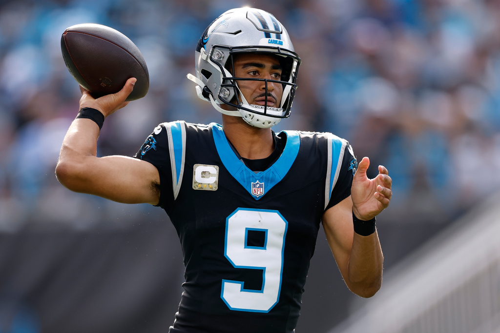 Carolina Panthers quarterback Bryce Young passes against the New Orleans Saints during the second half of an NFL football game, Sunday, Nov. 9, 2025, in Charlotte, N.C. (AP Photo/Rusty Jones)