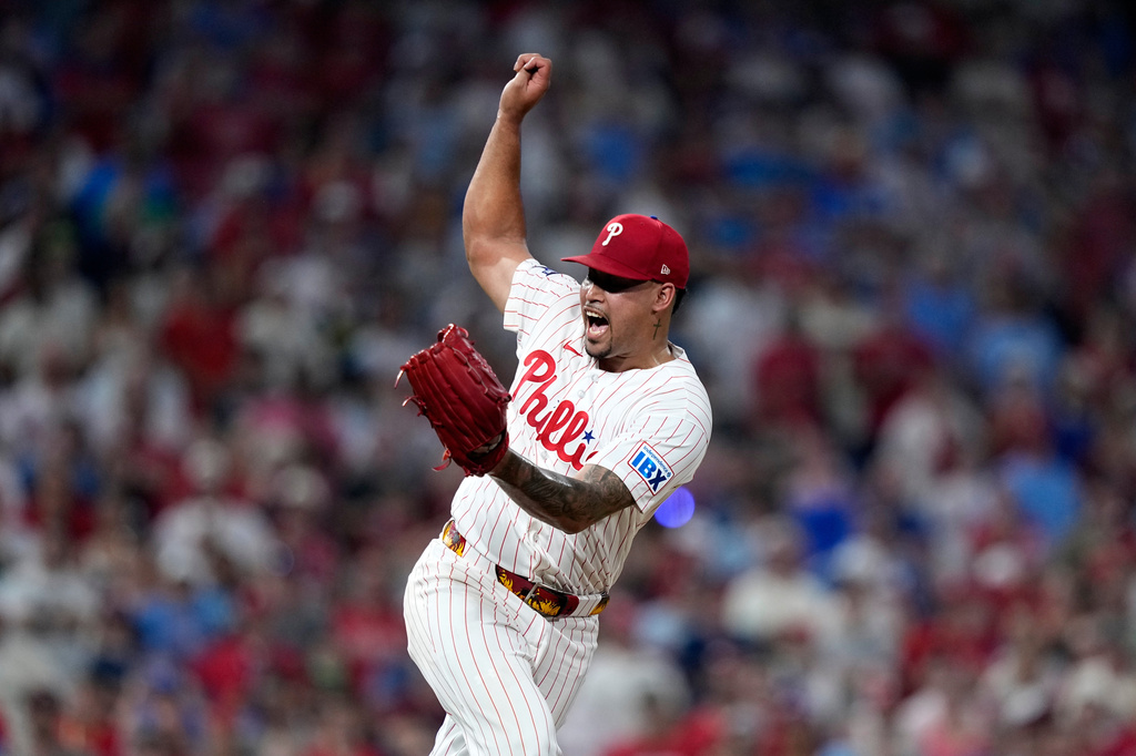 Philadelphia Phillies' Jhoan Duran reacts after the Phillies won a baseball game against the Pittsburgh Pirates Wednesday, July 1, 2026, in Philadelphia. (AP Photo/Matt Slocum)