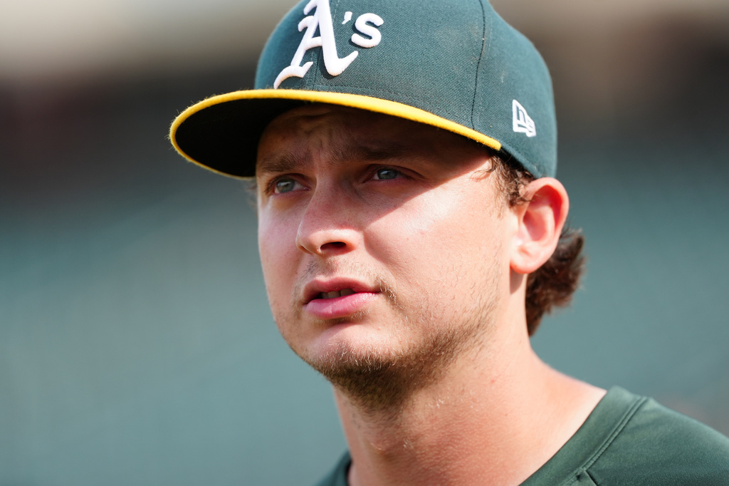 Athletics first baseman Nick Kurtz looks on before a baseball game against the Cleveland Guardians Friday, May 1, 2026, in West Sacramento, Calif. (AP Photo/Alan Greth)